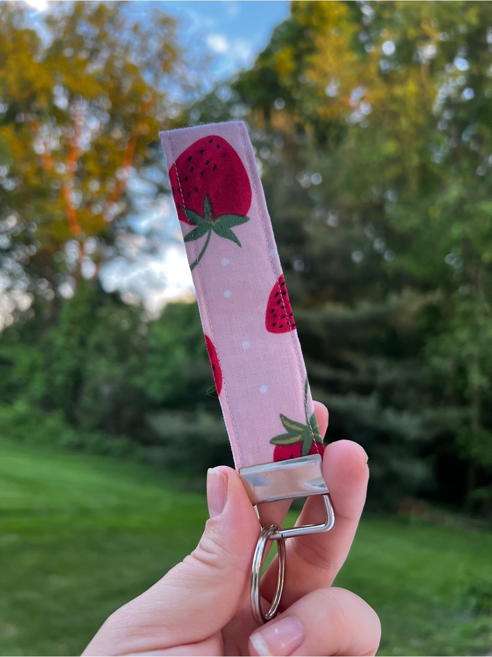 Handmade Pink Strawberry Cottagecore Print Key Fob with Key Ring